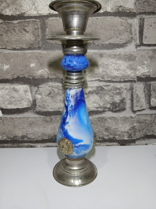 Portavelas hecho a mano estilo marroquí acabado azul y plateado