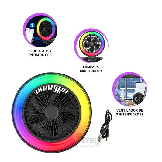 PARLANTE VENTILADOR PORTATIL RYBIU TE29439 ALTAVOZ INCLUIDO COLOR NEGRO + GIFT STICKERS