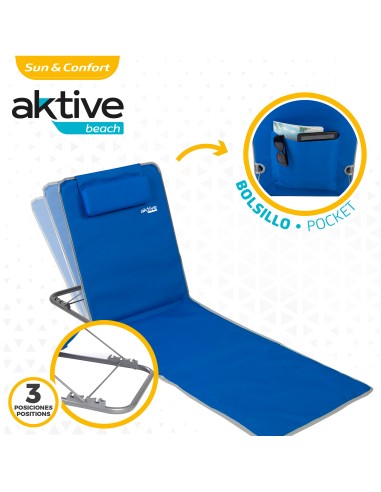 Esterilla plegable con respaldo reclinable, cojín y bolsillo azul