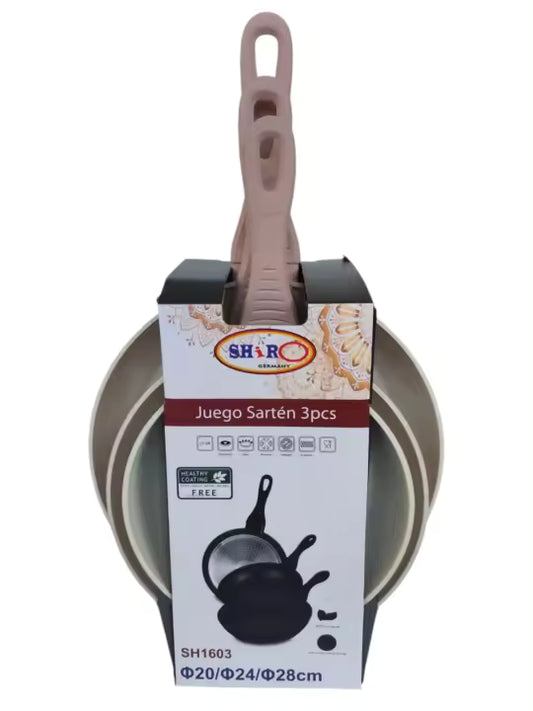 Set de 3 Sartenes 20/24/28cm Revestimiento antiadherente a la piedra Shiro - SET X3 SARTENES - COLOR ROSA