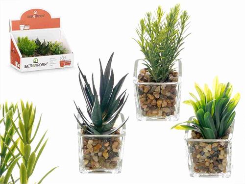 VASO VIDRO C/PLANTA ARTIFICIAL