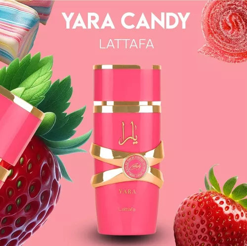 Yara Candy de Lattafa Perfumes es una fragancia de la familia olfativa Floral Frutal Gourmand para Mujeres. Esta fragrancia es nueva. Yara Candy se lanzó en 2024. Las Notas de Salida son grosellas negras y Mandarina verde; las Notas de Corazón son Strawbe