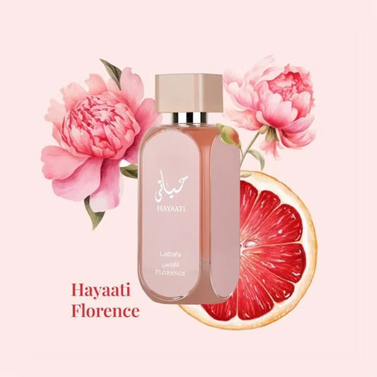 Hayaati Florence de Lattafa Perfumes ¡Disfruta de un aroma que permanecerá en tu piel todo el día con Hayaati Florence EDP! Con notas de pomelo rosado, cítricos y flores dulces sobre una base de almizcle, esta fragancia es perfecta para una noche inolvida