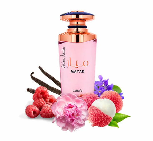 Mayar de Lattafa Perfumes es una fragancia de la familia olfativa Floral Frutal para Mujeres. Esta fragrancia es nueva. Mayar se lanzó en 2022. Las Notas de Salida son lichi, frambuesa y hojas de violeta; las Notas de Corazón son rosa blanca, peonía y jaz