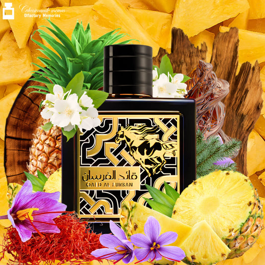 Qaed Al Fursan   100 es una fragancia de la familia olfativa Aromática para Hombres y Mujeres. Qaed Al Fursan se lanzó en 2016. Las Notas de Salida son piña y azafrán; las Notas de Corazón son jazmín y abeto balsámico; las Notas de Fondo son