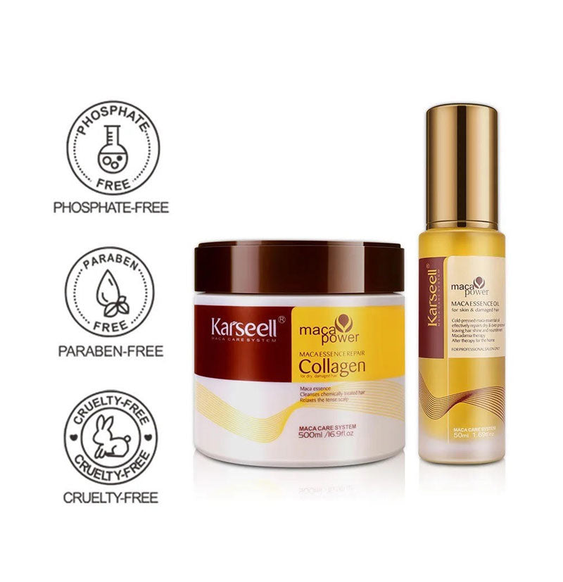 Pack reparación, nutrición y anti encrespamiento mascarilla y aceite Maca Essence de Karseell