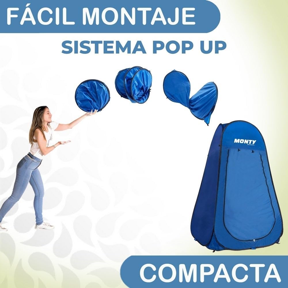 Tienda cambiador playa, camping ducha 1 adulto, 120x190 cm, tienda montaje Pop Up, bolsillo y puerta con cremallera doble, tejido Oxford azul, protección UPF+50 y waterproof, incluye 4 piquetas