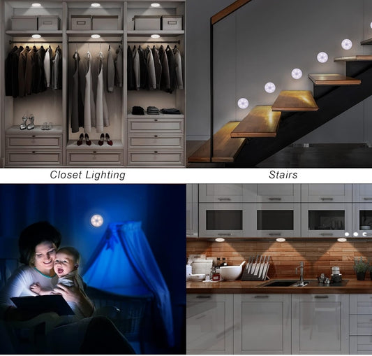 Luces Nocturna LED con Sensor Movimiento a Pilas, USB Recargable con 3 Modos, Luz Adhesiva para Armarios,Pasillo, Escalera, Sótano, Cocina(Blanco)