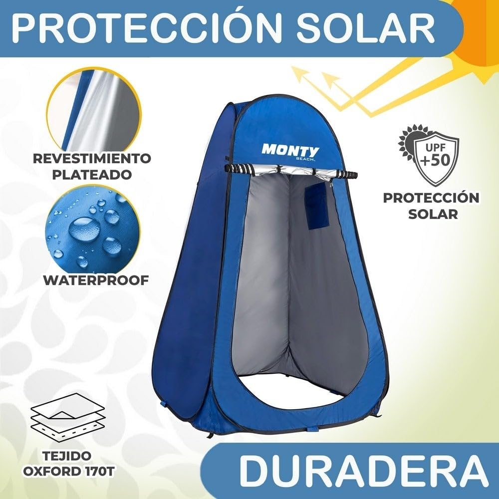Tienda cambiador playa, camping ducha 1 adulto, 120x190 cm, tienda montaje Pop Up, bolsillo y puerta con cremallera doble, tejido Oxford azul, protección UPF+50 y waterproof, incluye 4 piquetas