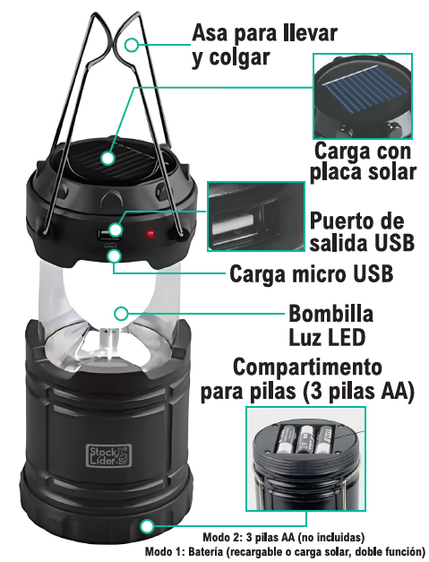 Lámpara camping solar y de pilas