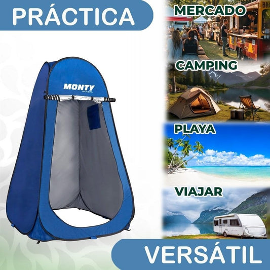 Tienda cambiador playa, camping ducha 1 adulto, 120x190 cm, tienda montaje Pop Up, bolsillo y puerta con cremallera doble, tejido Oxford azul, protección UPF+50 y waterproof, incluye 4 piquetas