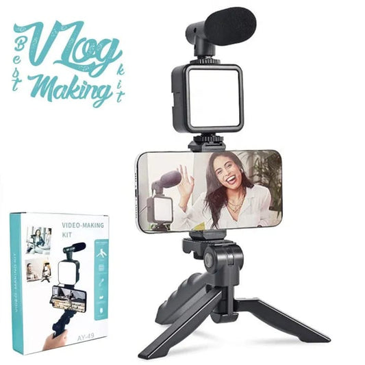 Kits de videovlogging con micrófono, luz LED de relleno y mini trípode AY-49