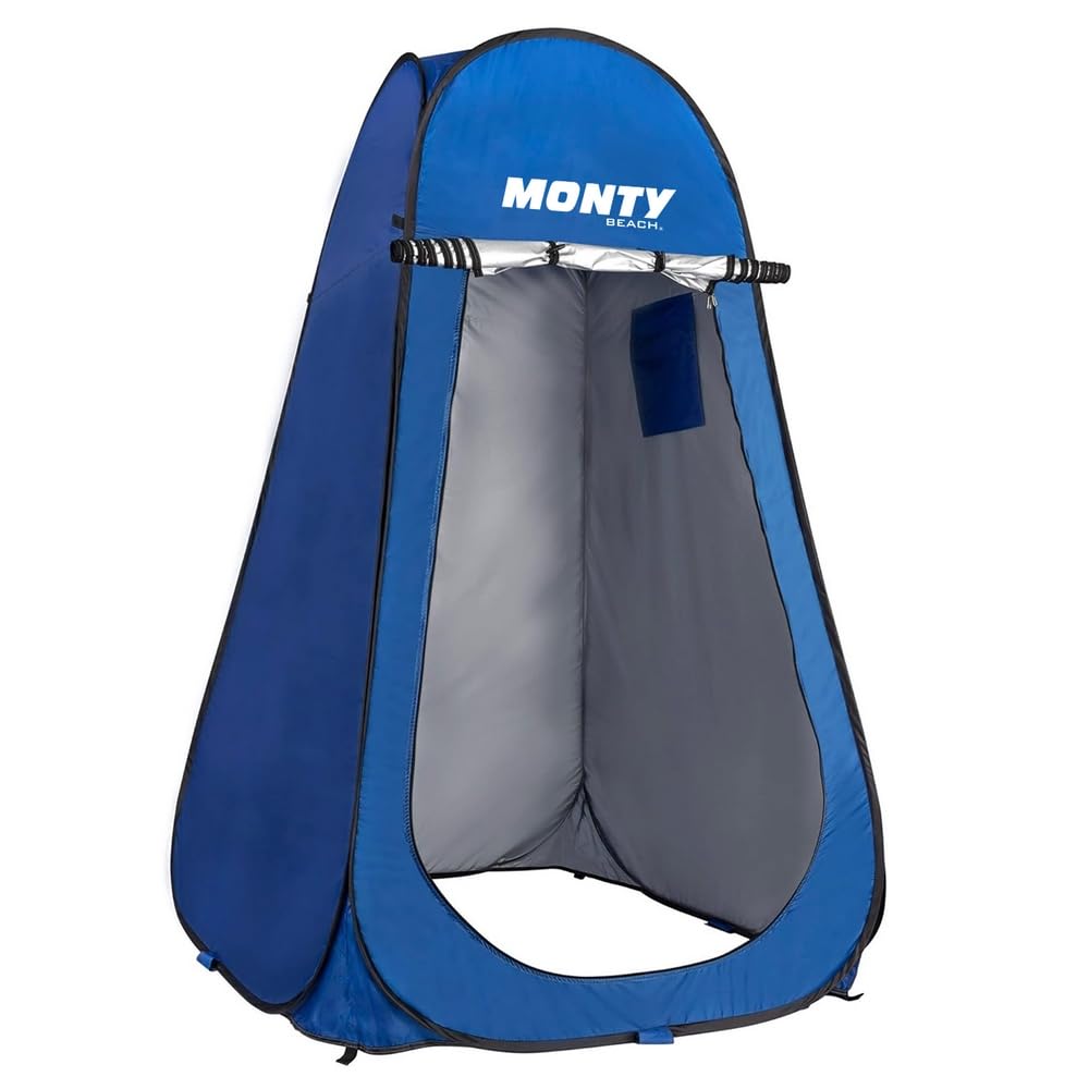 Tienda cambiador playa, camping ducha 1 adulto, 120x190 cm, tienda montaje Pop Up, bolsillo y puerta con cremallera doble, tejido Oxford azul, protección UPF+50 y waterproof, incluye 4 piquetas