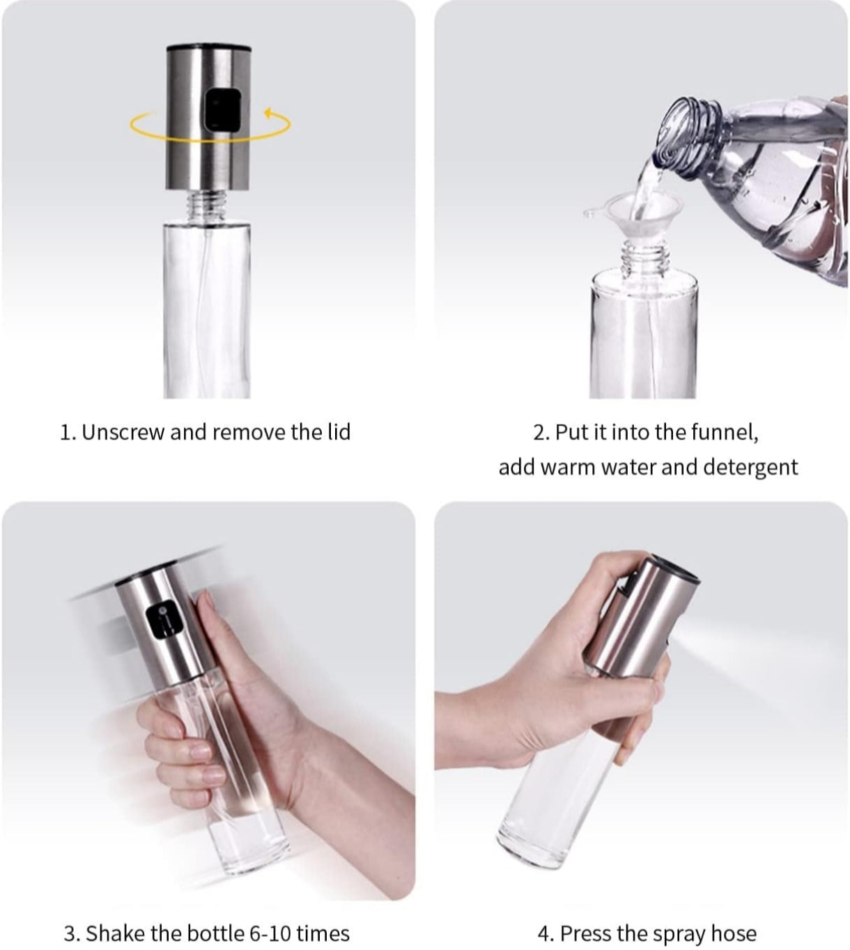 Dispensador de pulverizador de aceite de oliva Spray botella de aceite de vinagre para hornear a la parrilla de vidrio en forma de tambor de 100 ml con embudo pequeño