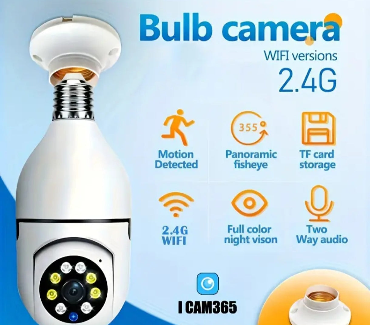 Cámara de bombilla E27, cámara de seguridad PTZ inalámbrica 1080p con conector de bulbo E27, panorámica de 360 grados, seguimiento automático de movimiento, visión nocturna y audio de dos