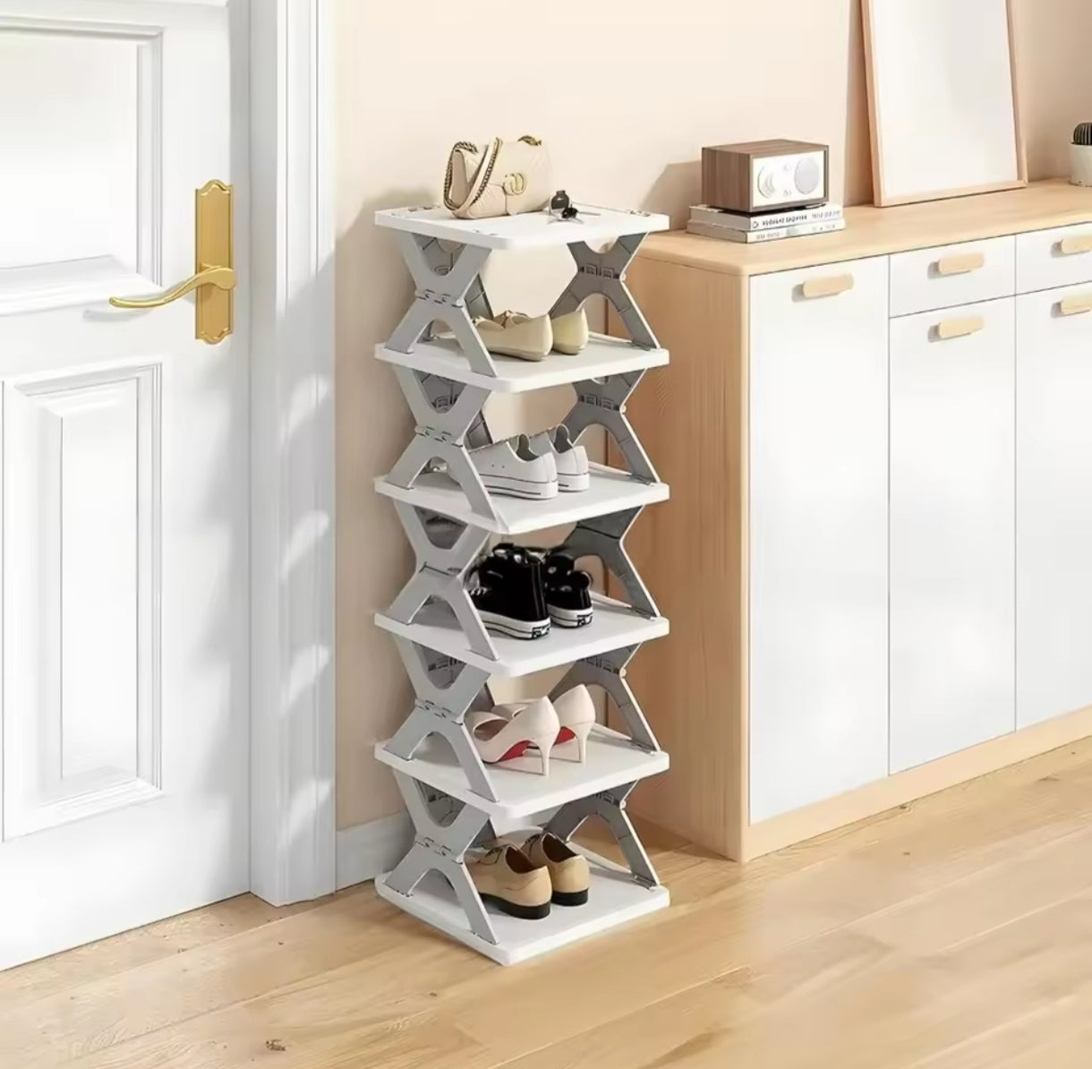 Organizador de zapatos para niños de 6 niveles, instalación estrecha y libre, plegable, pequeña puerta delantera, almacenamiento de zapatos, flexible y estante para zapatos color gris