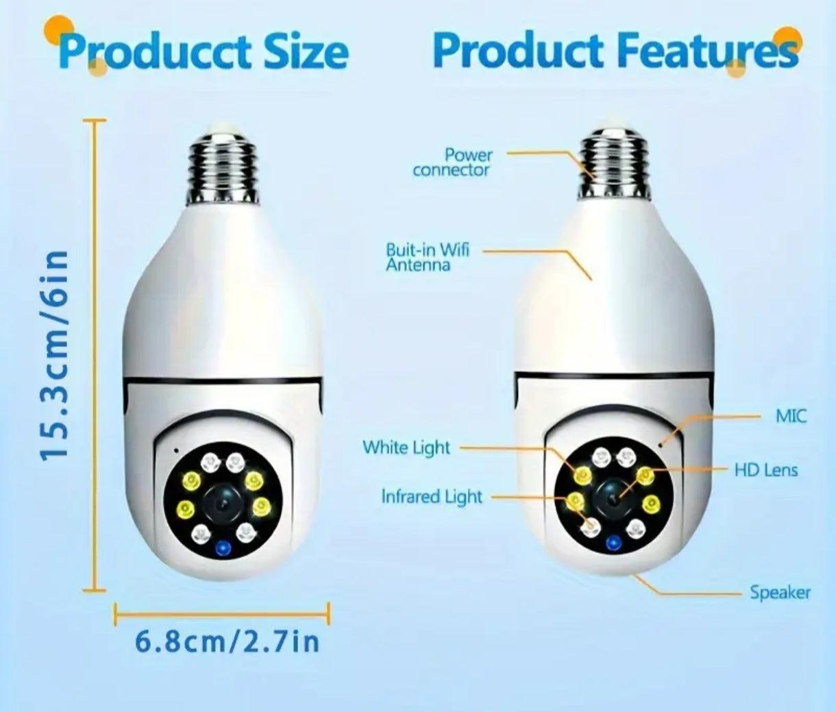 Cámara de bombilla E27, cámara de seguridad PTZ inalámbrica 1080p con conector de bulbo E27, panorámica de 360 grados, seguimiento automático de movimiento, visión nocturna y audio de dos