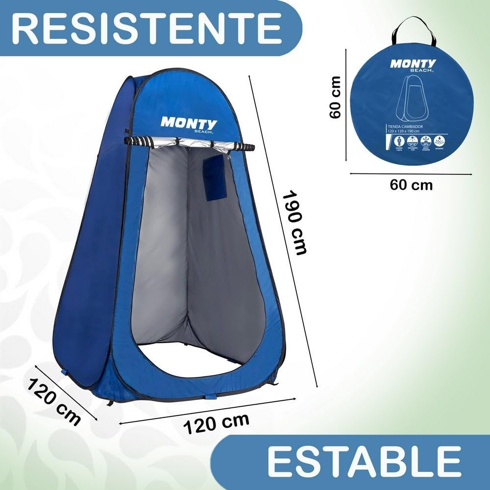 Tienda cambiador playa, camping ducha 1 adulto, 120x190 cm, tienda montaje Pop Up, bolsillo y puerta con cremallera doble, tejido Oxford azul, protección UPF+50 y waterproof, incluye 4 piquetas