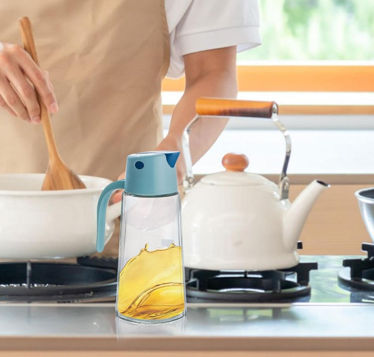 Botella De Aceite Con Asa,Dispensador De Aceite De Vidrio - con tapa y asa botella de aceite de cocina | Con tapa y mango, olla de para aceite de cocina, apertura automática para 630ml