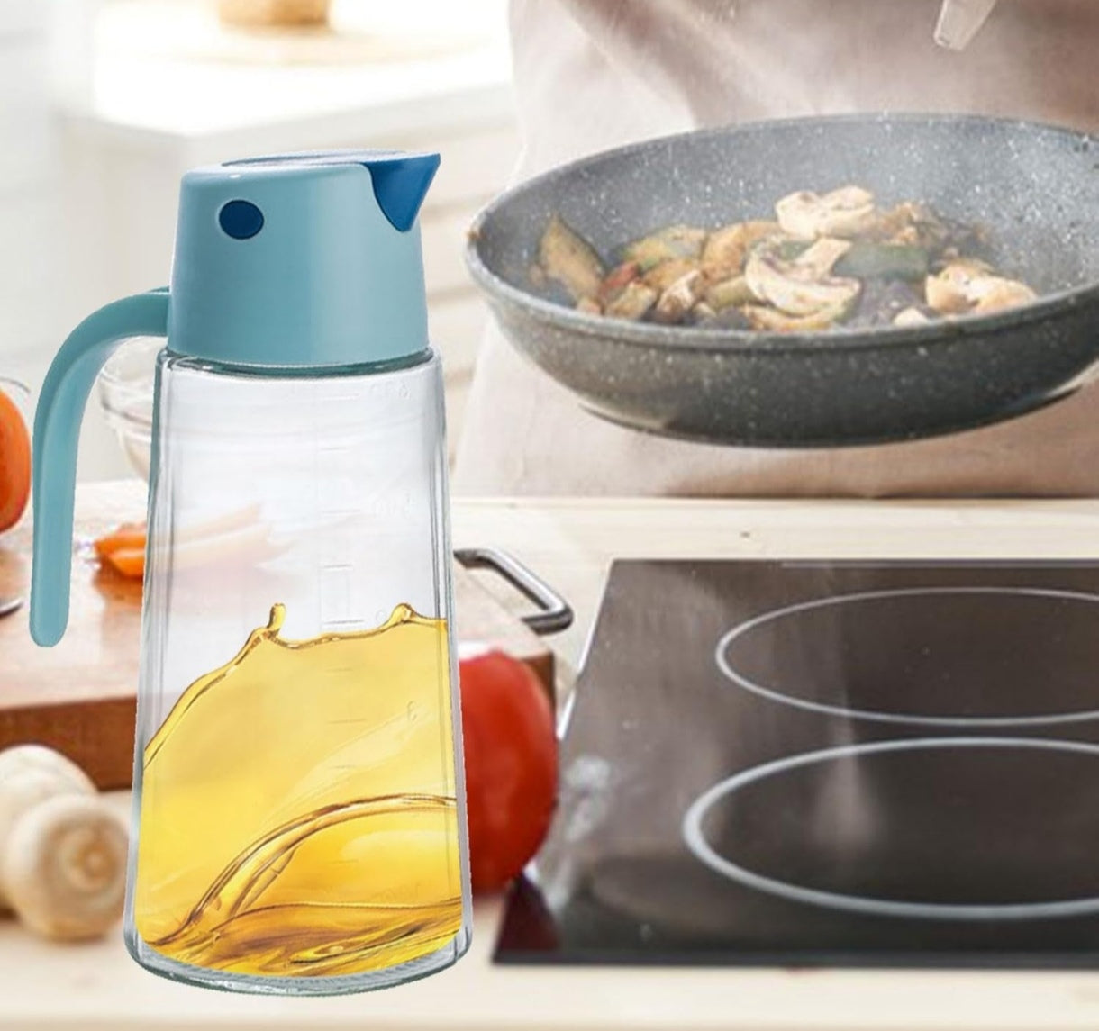 Botella De Aceite Con Asa,Dispensador De Aceite De Vidrio - con tapa y asa botella de aceite de cocina | Con tapa y mango, olla de para aceite de cocina, apertura automática para 630ml