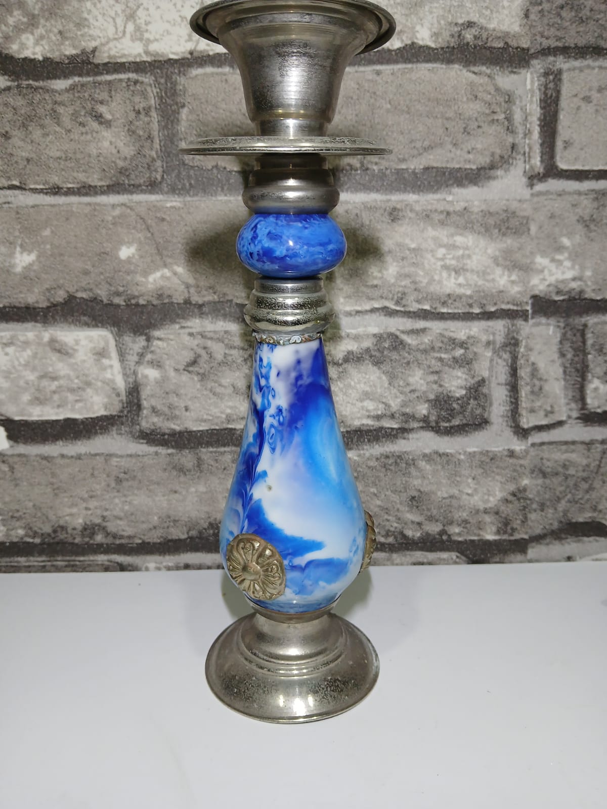 Portavelas hecho a mano estilo marroquí acabado azul y plateado