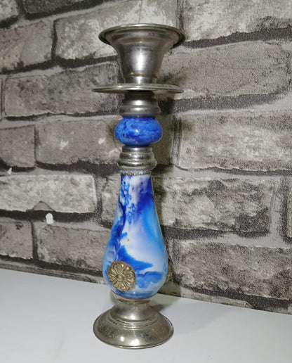 Portavelas hecho a mano estilo marroquí acabado azul y plateado