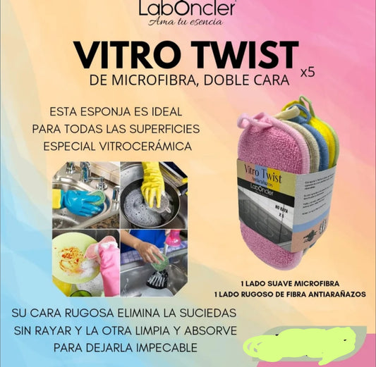 VITRO TWIST   x5
Antiarañazos
No raya
Esta esponja es ideal para todas las superficies pero ha sido especialmente creada para tratar, limpiar y abrillantar tu vitrocerámic