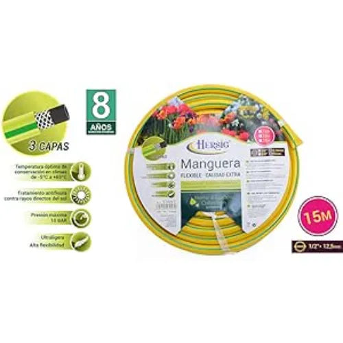 HERSIG - Manguera de jardín flexible - Calidad extra - 15 metros, diámetro 1/2"