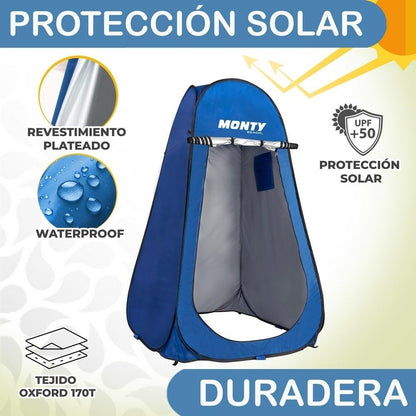 Tienda cambiador playa, camping ducha 1 adulto, 120x190 cm, tienda montaje Pop Up, bolsillo y puerta con cremallera doble, tejido Oxford azul, protección UPF+50 y waterproof, incluye 4 piquetas