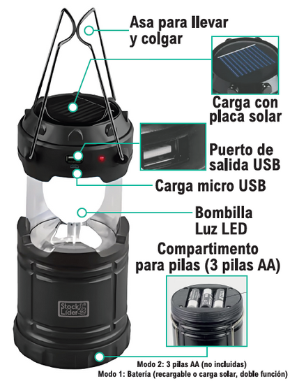 Lámpara camping solar y de pilas