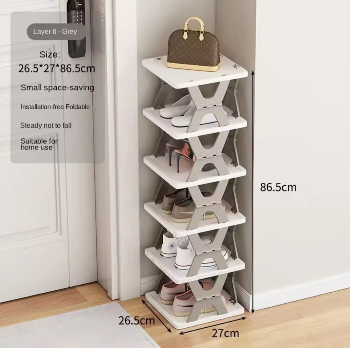 Organizador de zapatos para niños de 6 niveles, instalación estrecha y libre, plegable, pequeña puerta delantera, almacenamiento de zapatos, flexible y estante para zapatos color gris