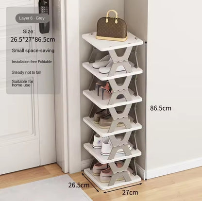 Organizador de zapatos para niños de 6 niveles, instalación estrecha y libre, plegable, pequeña puerta delantera, almacenamiento de zapatos, flexible y estante para zapatos color gris