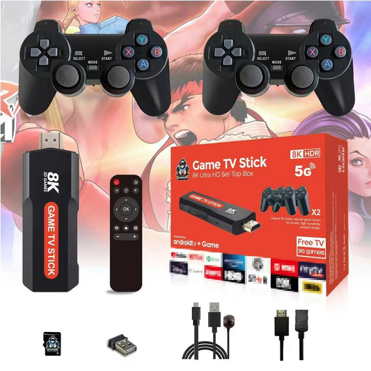 Videojuego con Android, 8K, TV BOX, Sistema Dual, 2,4G/5G, mando inalámbrico doble, Retro, 10.000 juegos, tiene los app más utilizados tales como YouTube, Netflix, Google Play, etc.