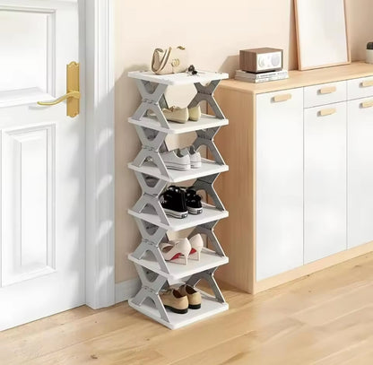 Organizador de zapatos para niños de 6 niveles, instalación estrecha y libre, plegable, pequeña puerta delantera, almacenamiento de zapatos, flexible y estante para zapatos color gris
