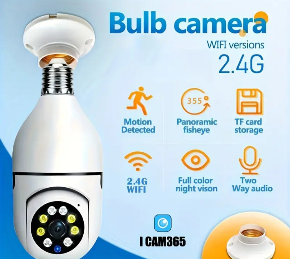 Cámara de bombilla E27, cámara de seguridad PTZ inalámbrica 1080p con conector de bulbo E27, panorámica de 360 grados, seguimiento automático de movimiento, visión nocturna y audio de dos