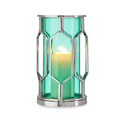Portavelas Plateado Azul Metal Vidrio (11,5 x 19,5 x 11,5 cm)