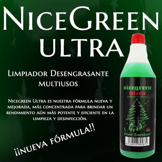 Nicegreen Ultra es la versión mejorada del limpiador multiuso Nicegreen. Su fórmula ULTRA es más potente e higienizadora que la versión normal, y la textura más densa lo hace más versátil y facilita su uso.
Sus puntos fuertes:

Higieniza
Elimina suciedad