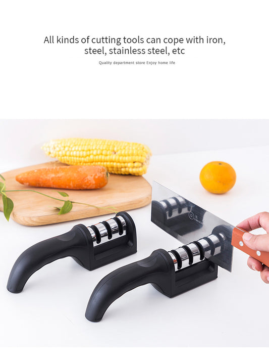Afilador de cuchillos de cocina de tres segmentos, herramienta de cocina multifuncional de mano, piedra de afilar de tres usos, color negro,
